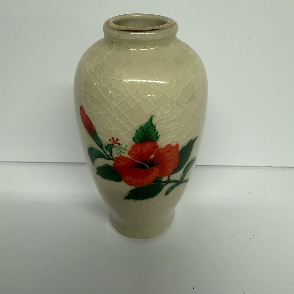 Vintage Chinese Mini Hibiscus Vase Crackle GlazeMarked 4 inches tall Hawaiian